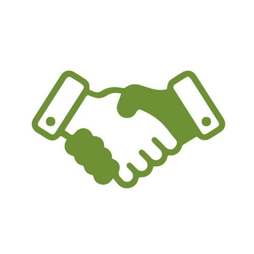green and white logo of shaking hands