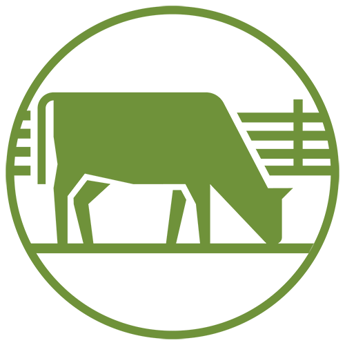 green icon with white background depicting a cow grazing in the foreground with a fence behind the cow