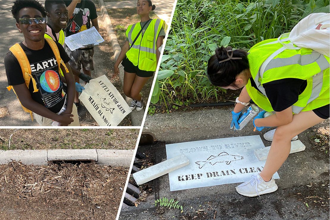 Upper left interns with stormwater stencil, lower left clogged stormwater drain, and intern spraying stormwater stencil on right hand side of the image.