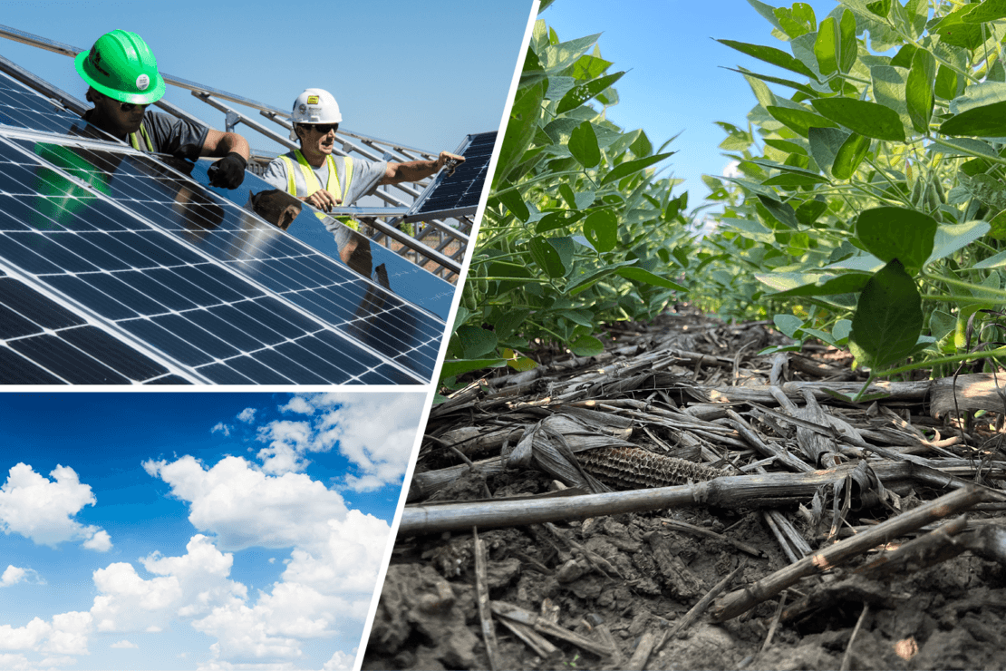 Collage of three images including blue sky with clouds, two men installing a solar panel, and a farm field with soil health practices in action
