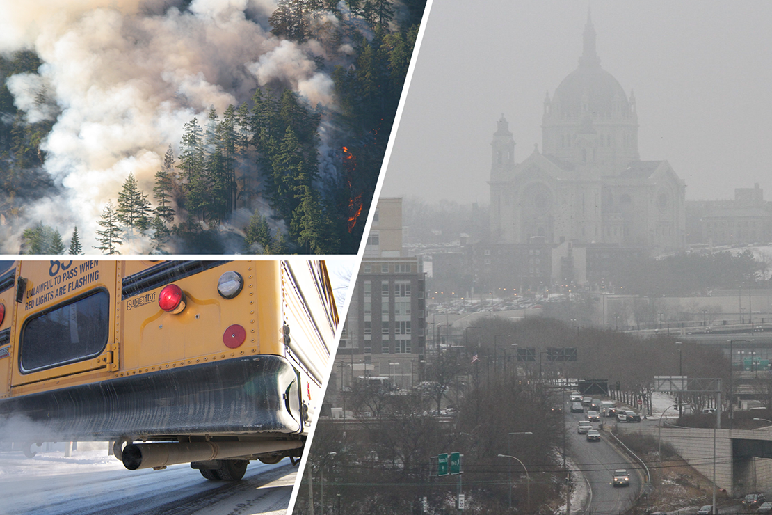 Collage of three images separated by white dividing lines. Images include smoke from a forest fire, pollution from a school bus tail pipe, and the Cathedral of Saint Paul on smoggy day.