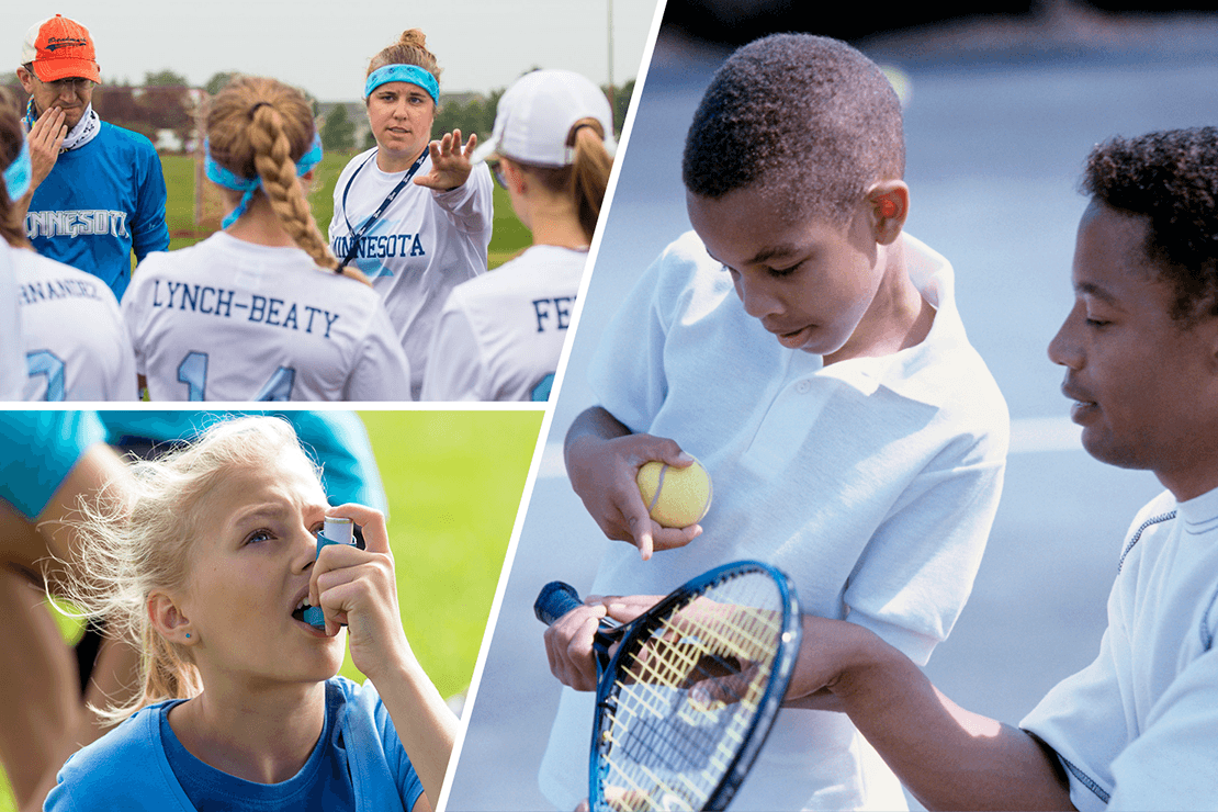 Collage of three images including young girl using an inhaler; female athletes and a coach, coach and young boy playing tennis.