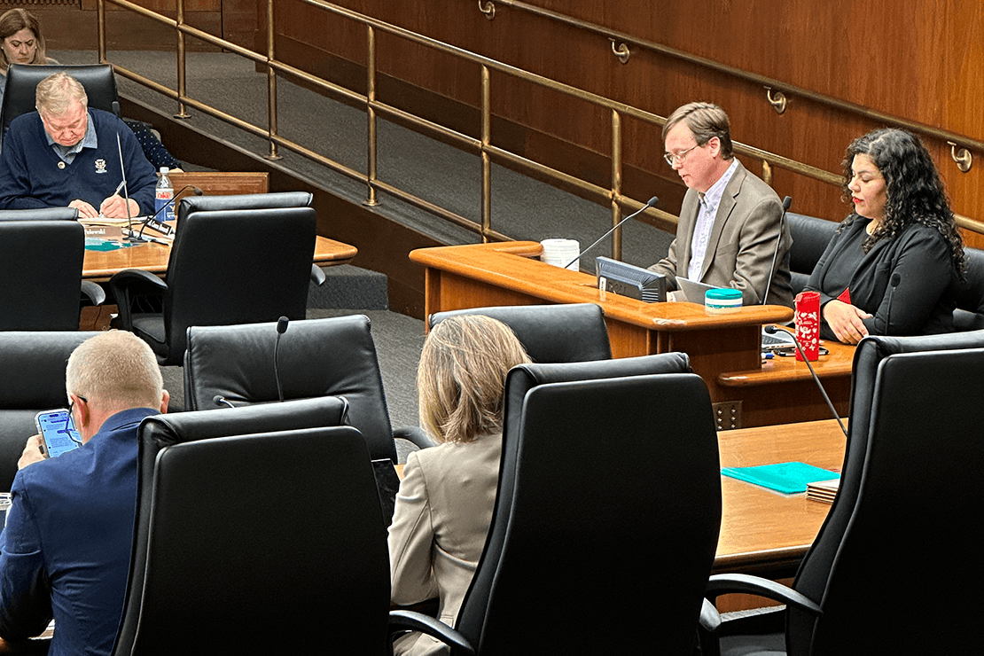 Mike Harley and lead bill author Rep. Athena Hollins testify during the House Rules and Legislative Administration Committee on Friday, May 5.