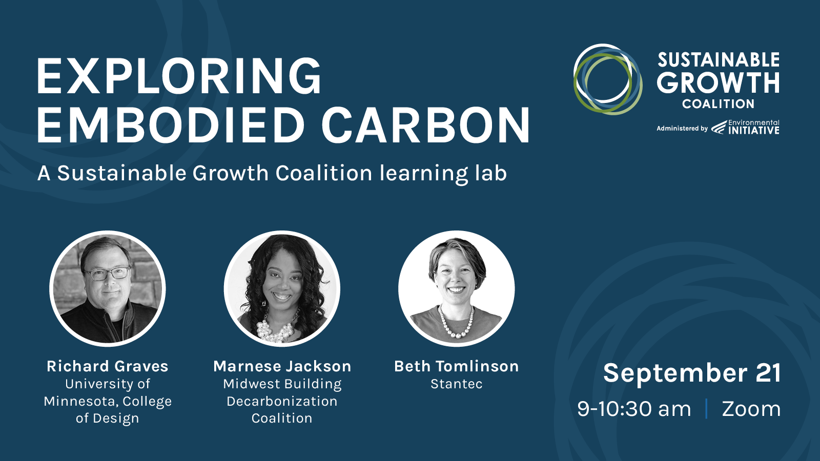 Dark blue background with headshots of Richard Graves, Marnese Jackson, and Beth Tomlinson. Text over image reads: Exploring embodied carbon.