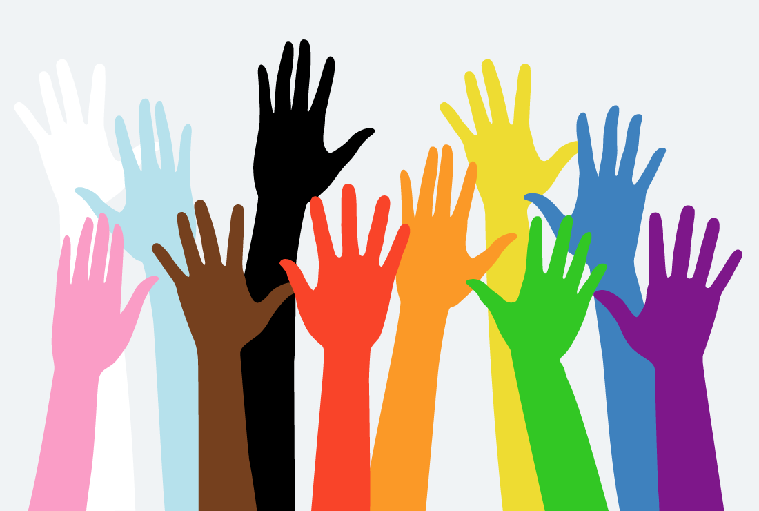 An illustration of multiple hands raised in the air, each hand a different color from the progress pride flag including: white, pink, light blue, brown, black, red, orange, yellow, green, blue, and purple.