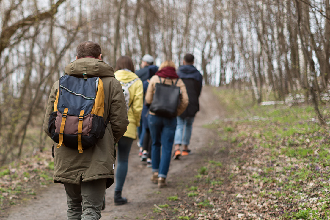 Group of people hiking through a forest trail in late autumn, wearing backpacks and jackets, surrounded by bare trees and a quiet, natural setting.